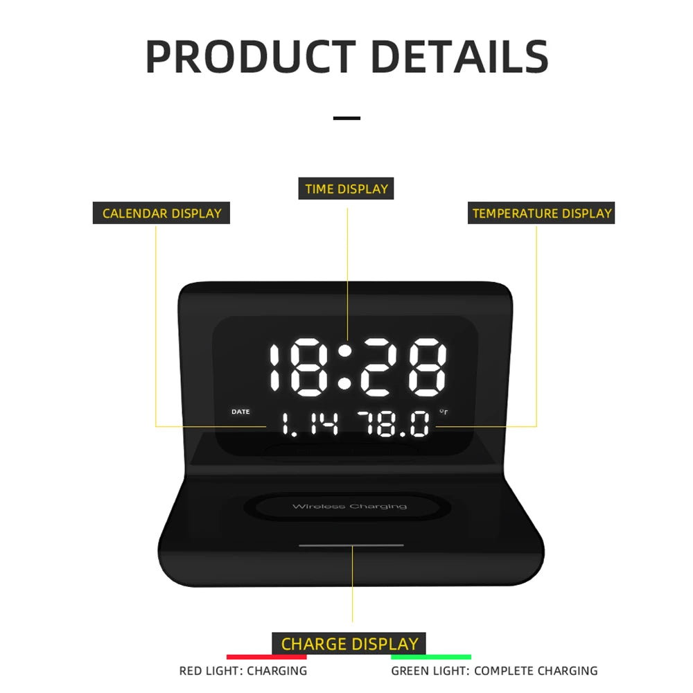 10W Qi Wireless Charger Wireless Charging Pad Thermometer Calendar Clock Fast Charge Cargador Inalambrico For Iphone Samsung